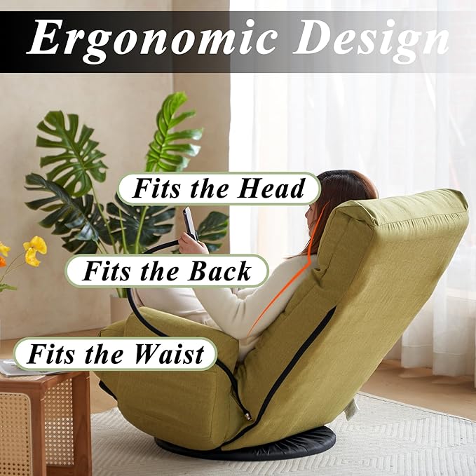 Swivel Gaming Floor Chair with Phone Holder &amp Arm Comfy Reading Chair with Side Pocket for Adults Upholstered Floor Chair with Adjustable Back for Bedroom Living Room (Green)