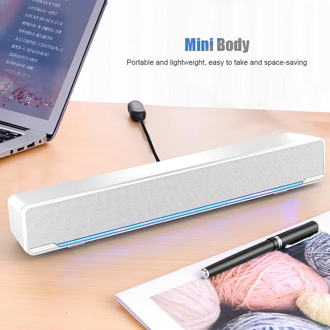 USB Powered Computer Speakers Wired 2.0 Sound Track PC Sound Bar 3W Bass Stereo Surround Mini Soundbar WBreathing Light for Tablets Desktop Laptop (White)