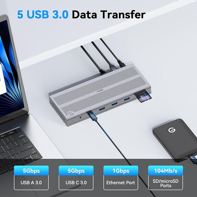 4URPC USB C Docking Station Triple Display with 120W Power Adapter 3X HDMI Laptop Docking Station 3 Monitor for Windows MacBook/Mac mini M4(5 USB Ethernet SD/microSD)