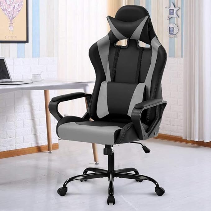 Modern Gaming Chair Ergonomic High Back PU Leather Office Chair with Lumbar Support Grey