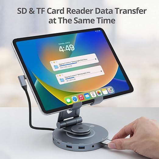 SIIG USB-C Hub Stand - iPhone 15 / iPad mini/Tablet Stand Docking Station Rotatable Base/Foldable Holder 4K 60Hz HDMI USB-A &amp USB-C 5Gbps PD 88W 3.5mm Audio/Mic SD/TF for iPad/Surface Pro 9
