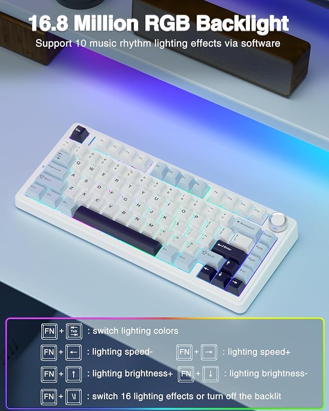 AULA F75 75% Wireless Mechanical Keyboard Hot Swappable Creamy Keyboard Pre-lubed Reaper Switches 2.4GHz/Type-C/BT5.0 RGB Backlit Gaming Keyboards(White &amp Blue)
