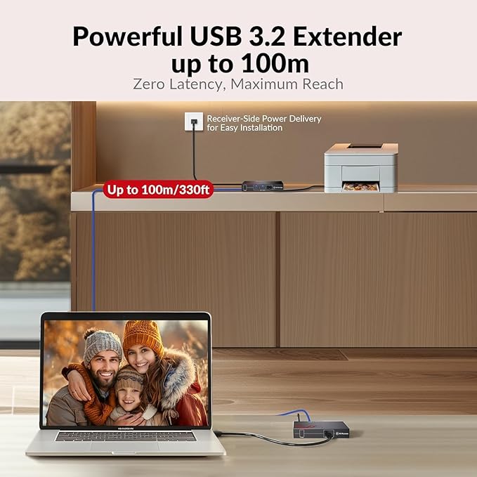AV Access HDbaseT USB 3.2 Extender Over Ethernet Cat6a/7 100M/330FT 4 USB 3.2 Ports 5Gbps for Long Distance Extension 6.6FT USB C to A Cable Included Plug&ampPlay Supports All Operating System P
