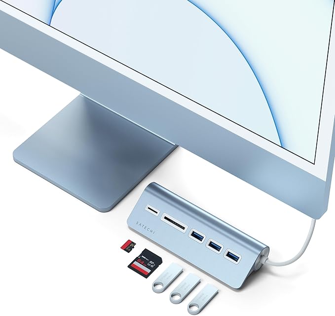 Satechi USB C Hub for Desktop USB C Hub with 3 USB-A 3.0 Data Ports Micro/SD Card Readers USBC Hub for MacBook Air/Pro M5/M4 Dell HP Surface Lenovo - Blue