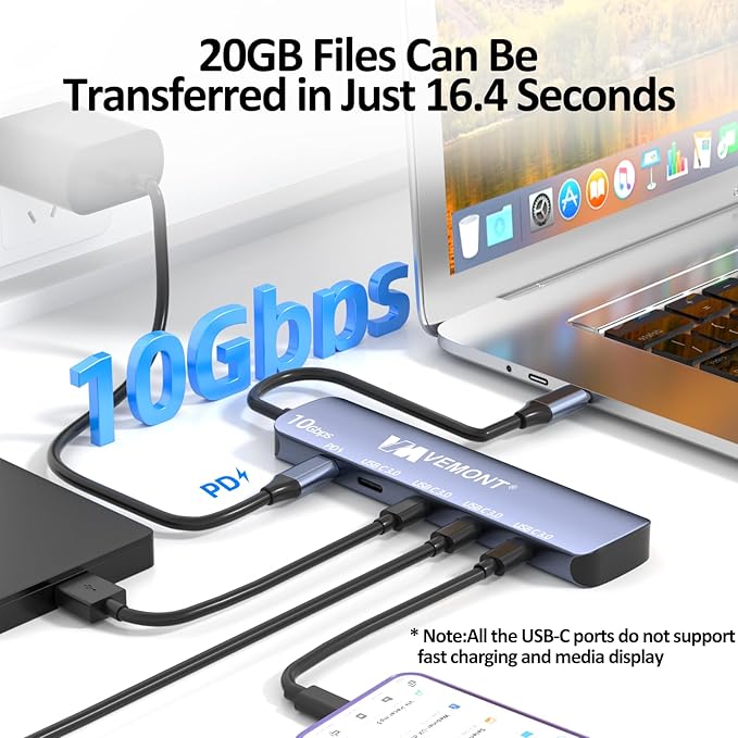 VEMONT 10Gbps USB C Hub - 4 USB-C Data Ports and 100W PD Charging for MacBook iPhone iPad XPS Surface Pro and More