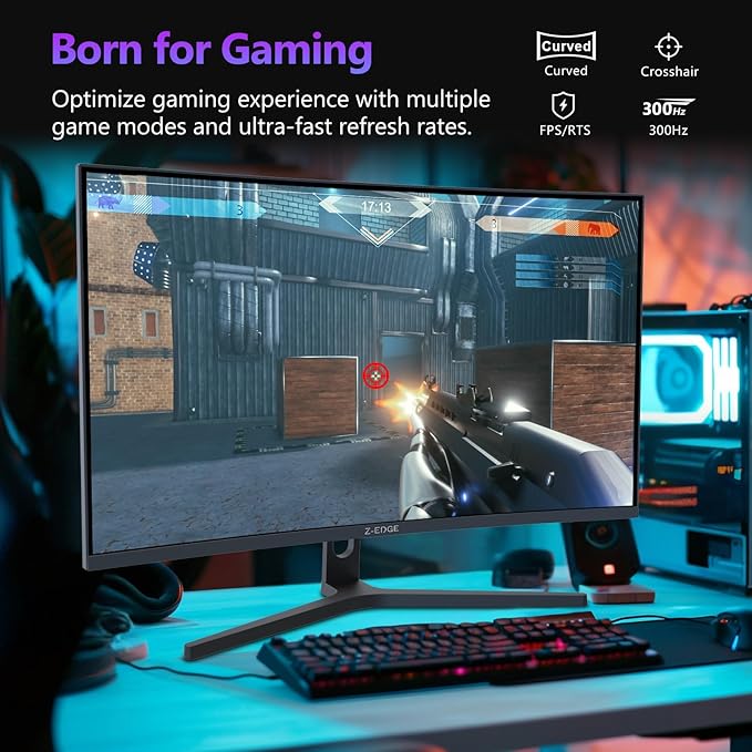Z-Edge 27 inch Curved Gaming Monitor FHD 1080P 300Hz 240Hz PC Monitor Ultra-Fast MPRT 1ms Curved Monitor 1500R 16.7M Colors UG27H Frameless Bezel 2X DP 1.4 Ports and 2X HDMI 2.0 Ports