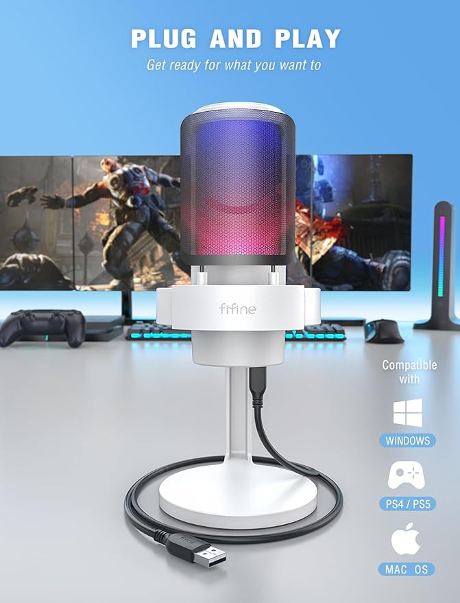 FIFINE Gaming USB PC Computer RGB Microphone for Live Streaming Meeting Podcasting Video Condenser Mic with Monitoring Headphone Jack Light Control for MAC OS/Windows-AmpliGame A8 White