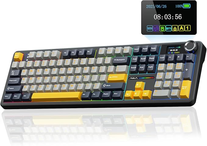 AULA F108 PRO - Wireless Mechanical Keyboard with Screen&ampKnobHot Swappable Gaming Keyboard with 8000mAh BatteryPre-lubed SwitchesRGB BacklitPBT Keycaps Creamy Sounding Computer Keyboards104 K