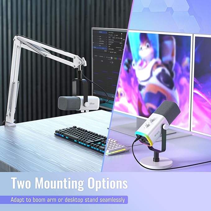 FIFINE XLR/USB Gaming Microphone Bundle with Metal Boom Arm Dynamic RGB Mic with Mute Gain Monitoring for Streaming Vocal Recording Podcast Arm Stand for Home Studio Video Creation (AM8W+CS1W)