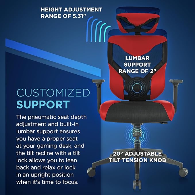 Tempur-Pedic Blaze Auto-Adaptive Ergonomic Gaming Chair with Lumbar Support and 3D Armrest Adjustment Cooling Racing Style Gaming Chair Red