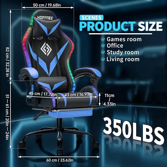RGB Gaming Chair with Massage and LED Lights Ergonomic Video Game Chairs with Footrest High Back Reclining Computer Chair with Adjustable Lumbar Support Blue and Black
