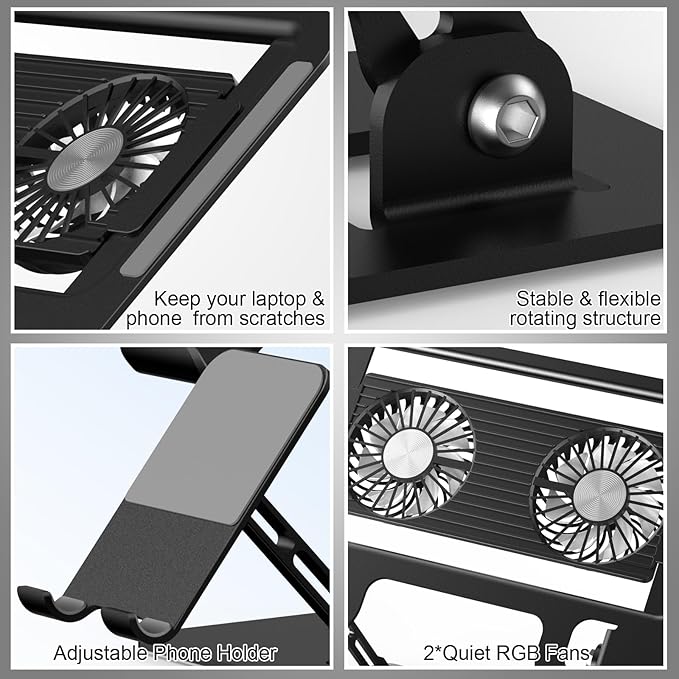 Laptop Cooling Stand with Detachable Fan2-IN-1 Laptop Stand with Phone Holder and Silent FansAdjustable Height and AngleCarbon Steel FrameworkLaptop Cooling Pad for up to 16”Laptop (Black)