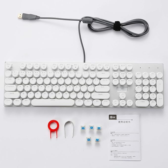 HUO JI E-Yooso Z-88 Wired Typewriter Style Mechanical Gaming Keyboard Programmable RGB Backlit Blue Switches - Clicky USB-C Cable Metal Panel 104 Double-Shot Keycaps for PC White