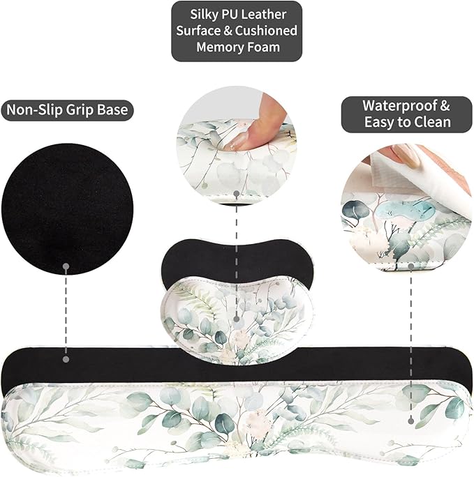 QIYI Leather Desk Mat Set 4-in-1 Large Mouse Pad with Wrist Rest Non-Slip Desk Pad + Keyboard Wrist Rest + Mouse Wrist Support + Coaster Office Desk Accessories Home Decor Supplies Eucalyptus Leaf