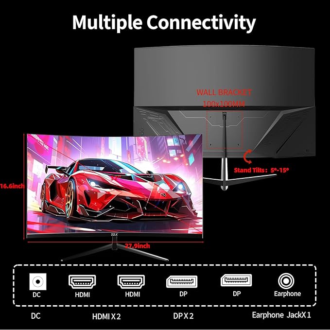 ZZA 32 Inch Curved Gaming Monitor 165Hz QHD 2560x1440 PC Monitor HDMI DP1.4 1500R 1ms MPRT HDR Metal Stand VESA Compatible (DP Cable Incl.)