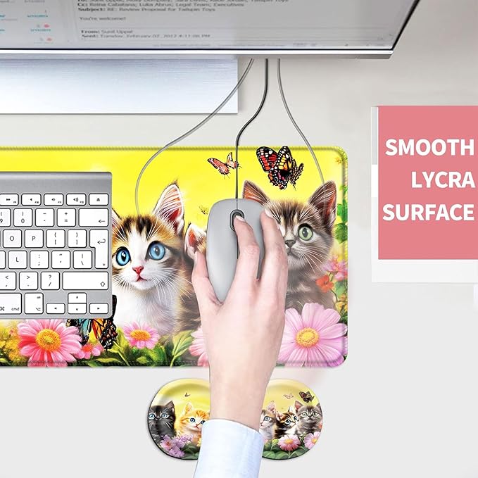 Mouse PadLarge Desk Mat Set 4in1 XL Mousepad + Keyboard Wrist Rest+Mouse Wrist Rest+Coaster with Ergonomic Desk Pad for Home Office Table Computer Cover -Kittens Flowers Butterflies