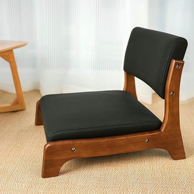 ELEFOCUS Tatami Chair with Upholstery Comfortable Floor Seat for Meditation Living Room Bedroom Bay Window(Black Tech FabricWalnut)