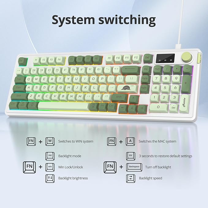 Owpkeenthy 96% Wireless Matcha Green Keyboard with Number Pad Knob 98 Keys Silent Mechanical Feeling Membrane Creamy Gaming Keyboard 3-Mode Wired/Bluetooth 5.0/2.4G for Win/Mac(98 Matcha)