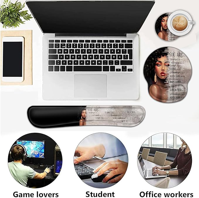 Ergonomic Gaming Mouse Pad Wrist Support and Memory Foam Keyboard Wrist Rest with Anti-Slip Base for Home Office Computer Desk Pad Gel Black Mouse Pad Easy Typing African American Women Black Girl