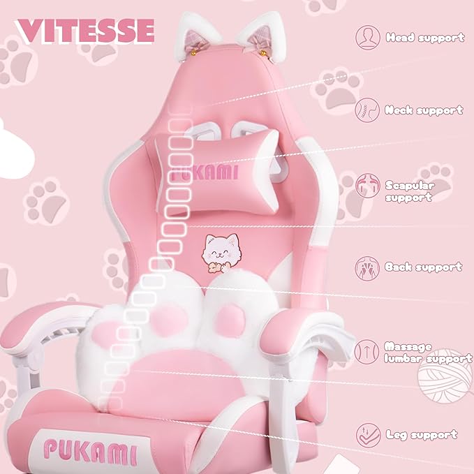 VITESSE Pink Gaming Chair for Girl with Cat Paw Lumbar Cushion and Cat EarsErgonomic Computer Chair for Girl with Footrest and Headrest Comfortable Reclining PC Game Chair for AdultKid (White)