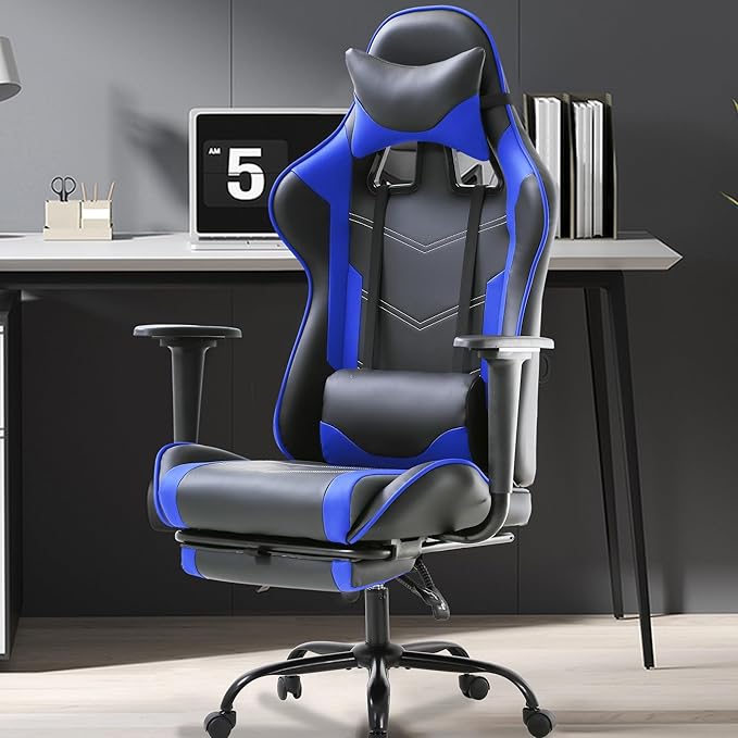 Office Gaming Chair Pu Leather Comfortable Gaming Chair for Adults Gamin Chair with Headrest &amp Lumbar Support Office Chair with Foot Rest &amp Armrest Height Adjustable Computer Chair(Blue)