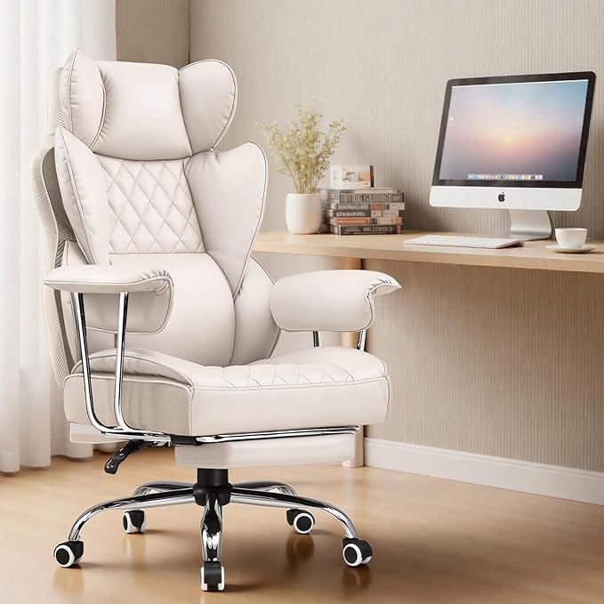 COMHOMA Big and Tall Office Chair High Back Leather Gaming Chair with Footrest Executive Ergonomic Office Chairs with Pocket Spring Lumbar Support and with Outward Fixed Soft Armrests