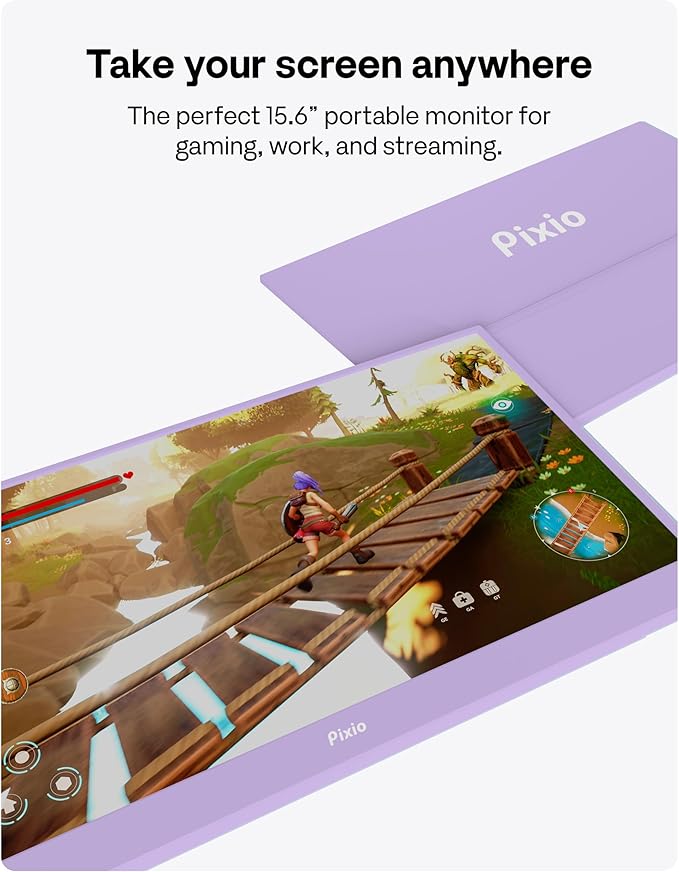 Pixio PX160 Wave Purple Portable Monitor 15.6 inch 60Hz FHD 1080p IPS Panel HDR Screen Cover Stand USB-C HDMI Laptop Screen Extender Portable Monitor for Laptop PC Console Phone