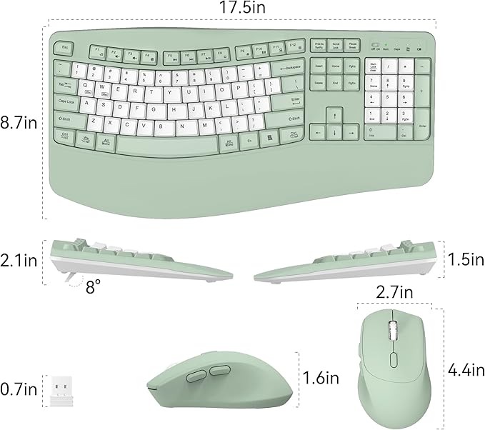 Wireless Keyboard and Mouse Combo2.4G Full Size Wave Keys Ergonomic Keyboard with Wrist Rest for Natural Typing 3 DPI Adjustable Ergonomic Mouse for Computer/Laptop/Windows/Mac (Avocado Green-B)