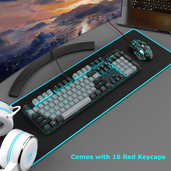 MageGee Mechanical Gaming Keyboard 104 Keys Blue Backlit Keyboards with Brown Switches &amp Double-Shot Keycaps USB Wired Mechanical Computer Keyboard for Laptop Desktop PC Gamers (Black &amp Gr
