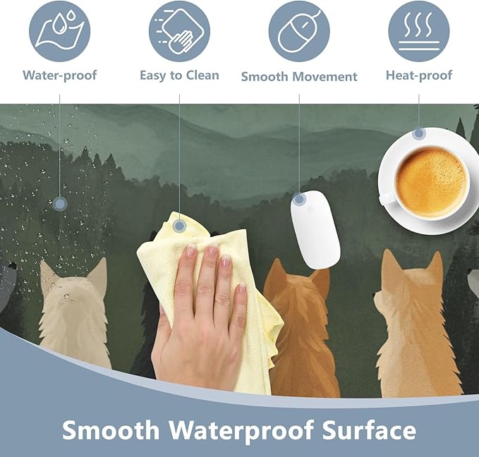 Mouse Pad Desk Mat Leather Desk Pad Large Gaming Desk Cover Protector Mat for Keyboard Computer Laptop Office Waterproof 35.4 x 16.5 Inch Cute Wolves Back and Green Mountain