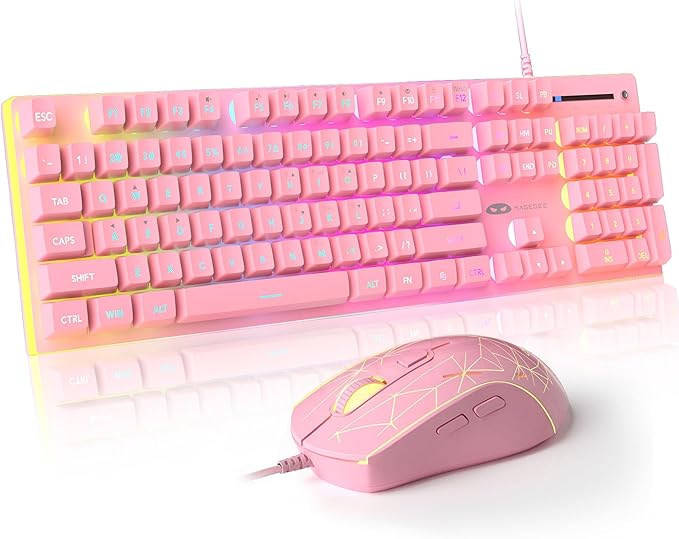 MageGee GT838 Gaming Keyboard and Mouse Combo 104 Keys RGB Backlit Quiet Wired Keyboards for Laptop PC MAC with Number Pad Metal Panel Anti-Ghosting Pink