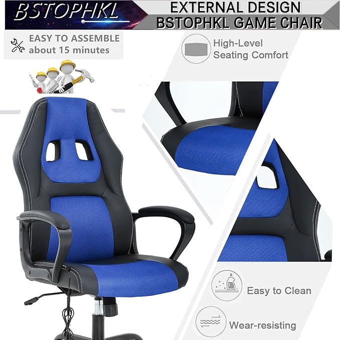 Gaming Chair Massage Office Chair Ergonomic Video Game Chairs Adjustable Reclining Computer Chair with Lumbar Support Armrest Headrest Task Rolling Swivel Chair Game Chair for Adult Teen Blue