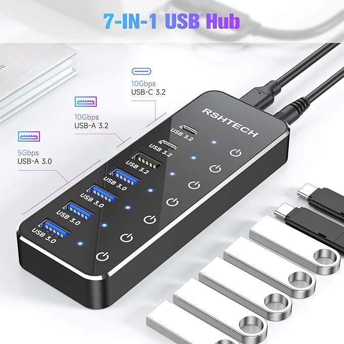 RSHTECH 7-Port Powered USB 3.2/USB C Hub with 10Gbps USB-A 3.2 2 USB-C 3.2 4 USB 3.0 Ports Individual Touch Switches 3.3ft Cable and 5V Power Adapter USB Hub Splitter for Laptop/PC RSH-ST07C