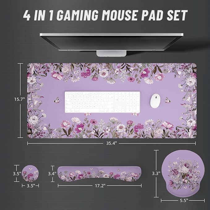 Ovenbird Mouse Pad Set 4-in-1 | Large Gaming Mousepad Keyboard Wrist Rest Mouse Wrist Support Coaster | Ergonomic Office Desk Mat Accessories for Women Men | 4PCS 35.4 x 15.7in Purple Floral