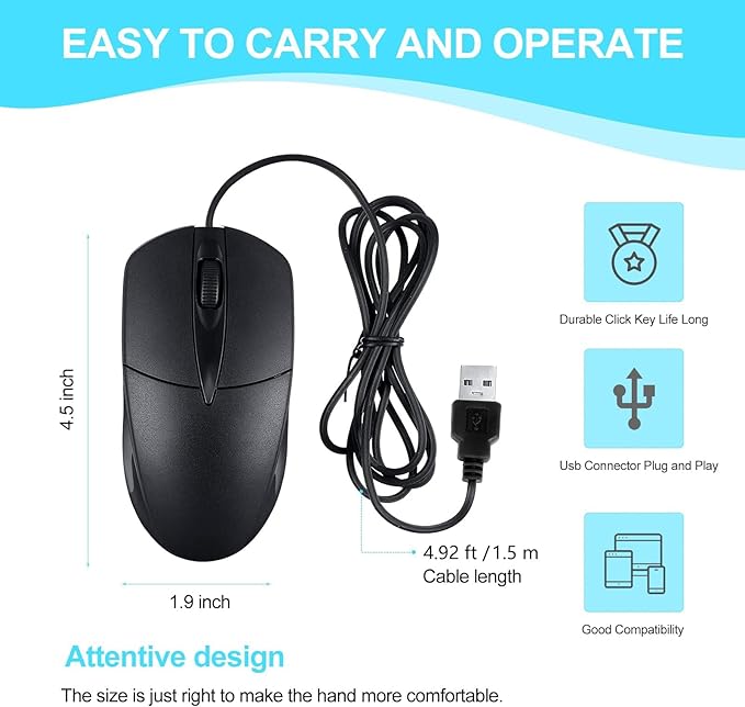 40 PCS Black Wired Computer Mouse Bulk USB 1000 DPI 3 Button Corded Mouse with Home Office Noiseless Simple USB Mouse for Computer Laptop Desktop PC