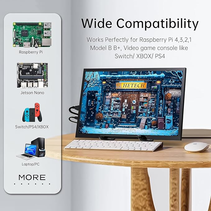 HMTECH 10.1 Inch Raspberry Pi Screen HDMI Monitor 1024x600 LCD Display 16:9 IPS Screen for Raspberry Pi 5/4/3/2/B/B+ Win11/10/8/7 Free-Driver Non-Touch
