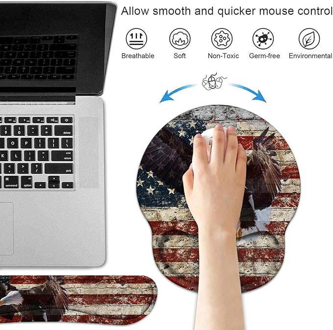 Keyboard Wrist Rest and Mouse Pad Wrist Support Set with Coasters Non-Slip PU Base Easy Typing and Relieve Wrist Pain Perfect for Home Office Working Studying Military Wall Graffiti USA Flag Eagle