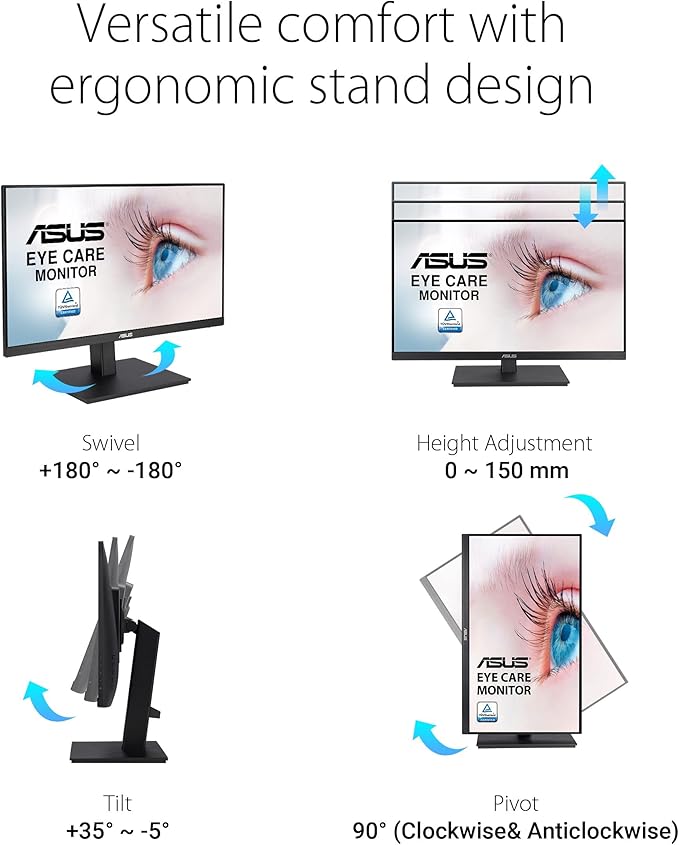 ASUS 27” 1080P Monitor (VA27EQSB) - Full HD IPS 75Hz Adaptive-Sync Speakers Eye Care Low Blue Light (Renewed)