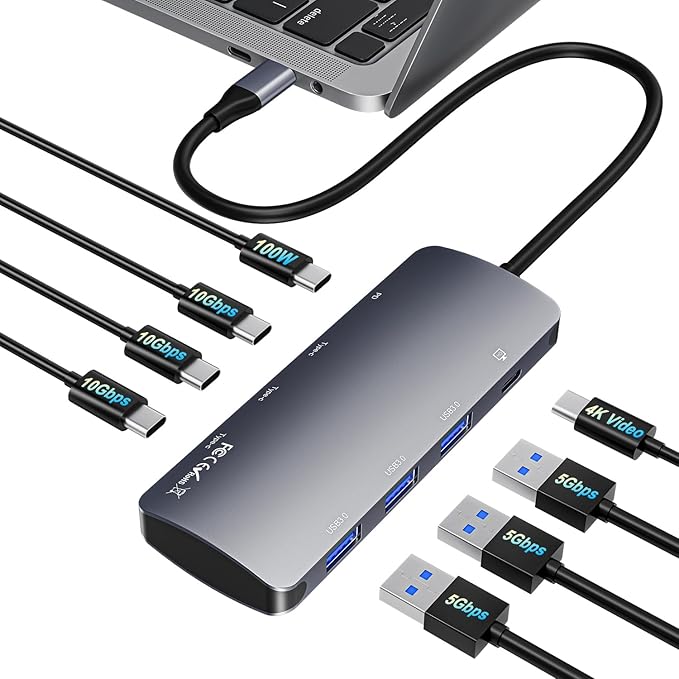 USB C Hub 8 in 1 USB C Video Output Hub with 4K@60Hz 10Gbps USB C Splitter 100W PD Charging Data Transfer USBC Hub Multiport Adapter for MacBook iPad Pro More Type C Devices