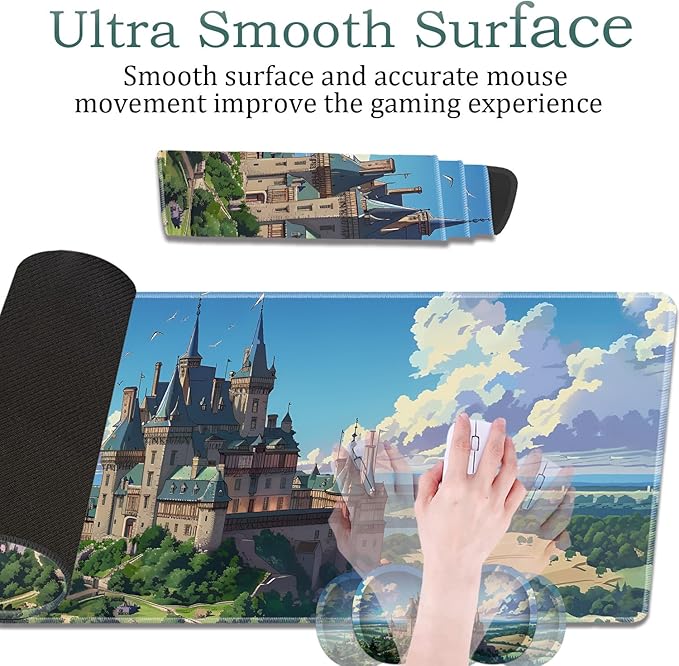 Large Gaming Mouse Pad + Wrist Rest + Lace Coaster Non-Slip Set with Sewn Edges and Waterproof Expandable Desktop Pad Suitable for Office/Home Castle in Forest