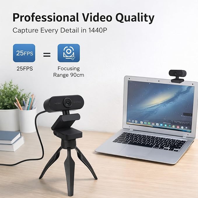 1440P Webcam with Built - in Noise Cancelling Microphone USB2.0 Interface Desktop Camera for PC and Laptop - Plug &amp Play HD Video Tripod &amp Clip Mount for Live Streaming and