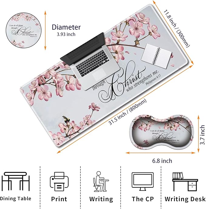 Durable Desk Mat + Wrist Rest Pad + Coasters Set Large Gaming Office Mouse Pad 31.5 x 11.8 Extended Non-Slip Rubber Keyboard Pad Laptop &amp Home Philippians 4-13