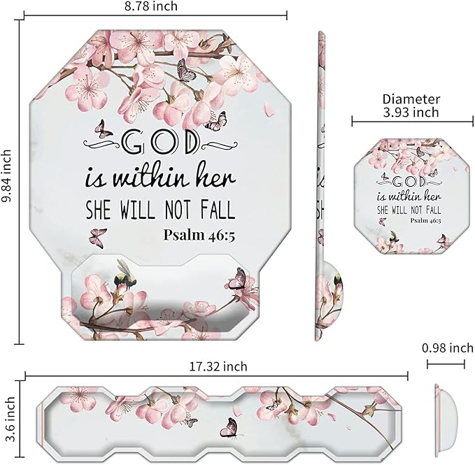 Keyboard Wrist Rest Pad and Ergonomic Gaming Mouse Pad Wrist Support Set (with Cute Coasters) with Memory Foam &amp Non-Slip Base Easy Typing and Wrist Pain Relief - Cherry Blossom Psalm 46:5