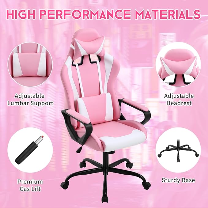 Ergonomic Gaming Chair Home Office Desk Chair with Headrest and Lumbar Support for Adults Height Adjustable Computer Chairs Pu Leather 360° Swivel High-Back Pink
