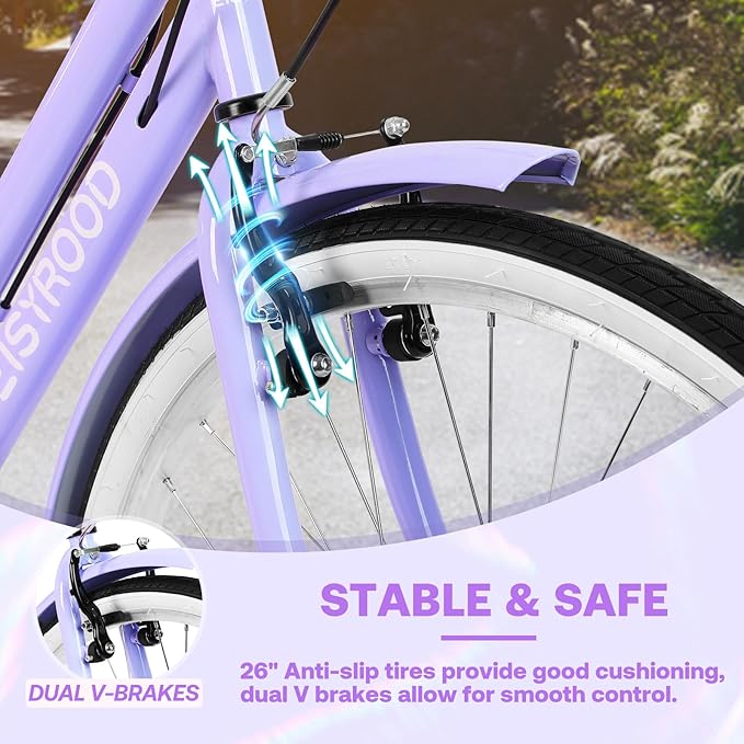 26 Women's Cruiser Bike 7-Speed City Bike Duable Bar Featuring Convenient Basket &amp Rack Perfect Adult Bicycle for Commuting Leisure and Stylish Comfortable Rides Purple