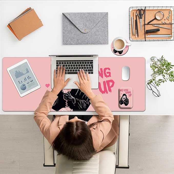 Large Mouse Pad Set Desk Mat + Elbow Rest Pad + Coaster Easy Typing Pain Relief Ergonomic Arm Rest Pad with Memory Foam Extended Desk Pad Anti-Slip Rubber Base for Office Home Pink Ghostface
