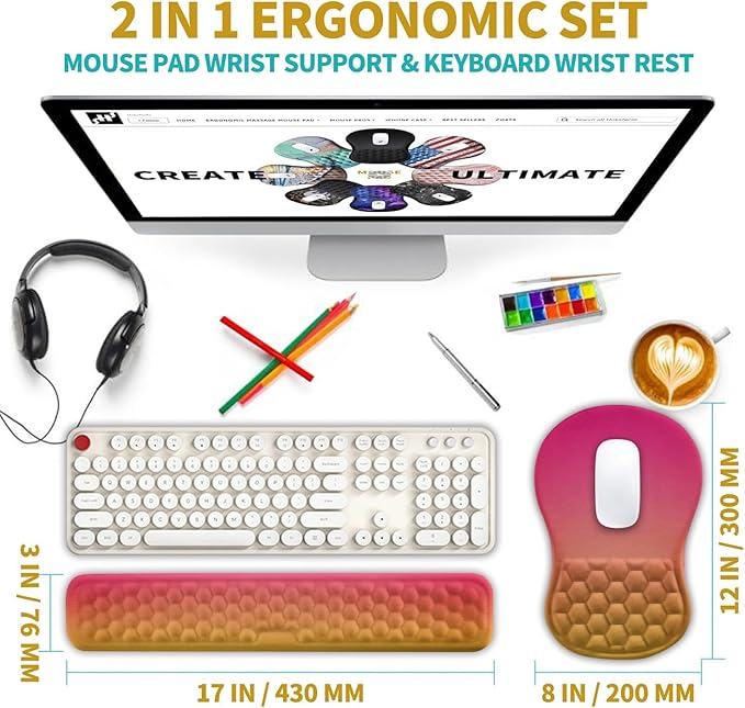 Hokafenle 2 in 1 Ergonomic Mouse Pad Wrist Support &amp Wrist Rest for Computer Keyboard Set with Relieve Carpal Tunnel Pain Massage Bulge and Full Memory Gel Design (2In1 Set Sunset Glow)