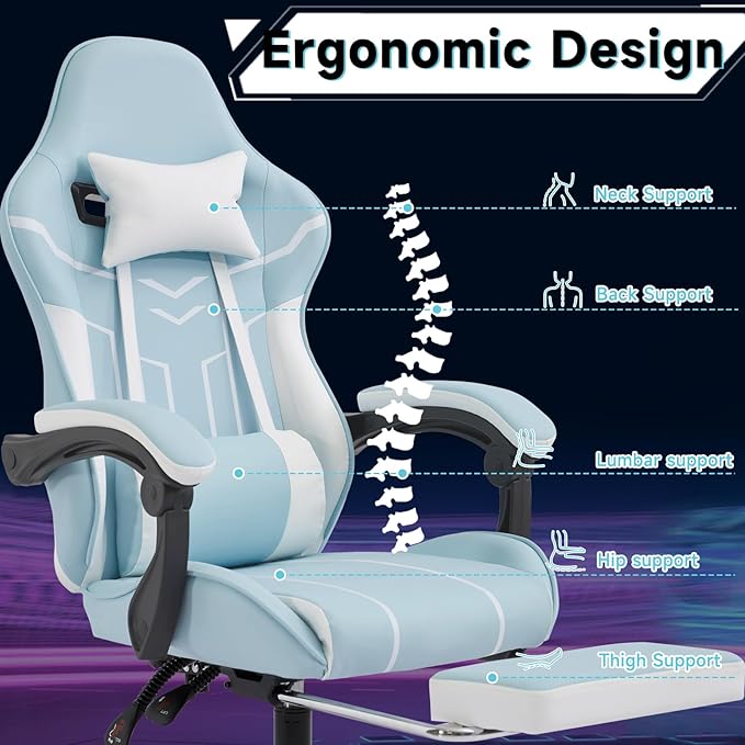 Cute Gaming Chair with Cat Paw Lumbar Cushion and Cat Ears Kawaii Pink Computer Chair with Footrest Ergonomic PC Video Anime Gaming Chairs Recliner for Kids Girls Teens (Blue+White)