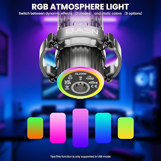 BASN USB/XLR Dynamic Microphone Live Streaming Gaming Recording with Three-in-One Mute ButtonRGB Lighting and MIC Stand for PC (Gray) SL2000