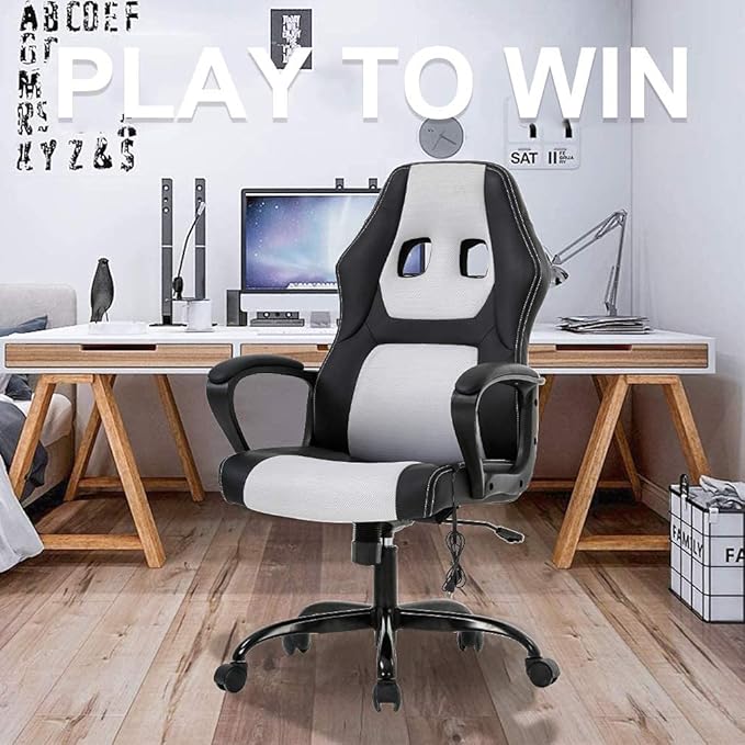 Massage Gaming Chair Gaming Chair with Massager Massage Lumbar Support Gaming Chairs for Adults Office Gaming Chair with 360°Swivel Comfortable Gaming Chair with Height Adjustable White &amp Bl